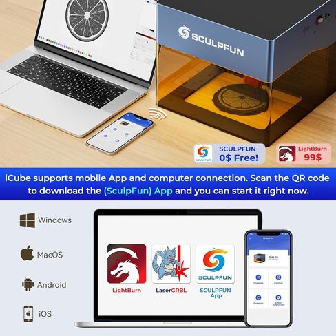 نقش ليزر SCULPFUN iCube Pro، قاطع ليزر سطح المكتب بقدرة 5000 ميجاوات مع نظام ترشيح الدخان، فئة الليزر 4، منطقة نقش 125 × 125 مم، لا يتطلب تجميع، دقة نحت 0.01 مم in Kuwait