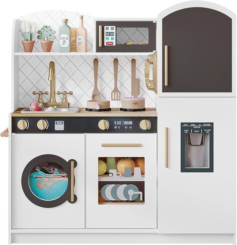 Treocho Play Kitchen for Kids, Wooden Toddler Kitchen Set with Storage, Modern Design Toy Kitchen with Faucet&Sink, Stove, Chalkboard, Icemaker and Various Accessories for Kids Ages 3+, Pink in Saudi Arabia