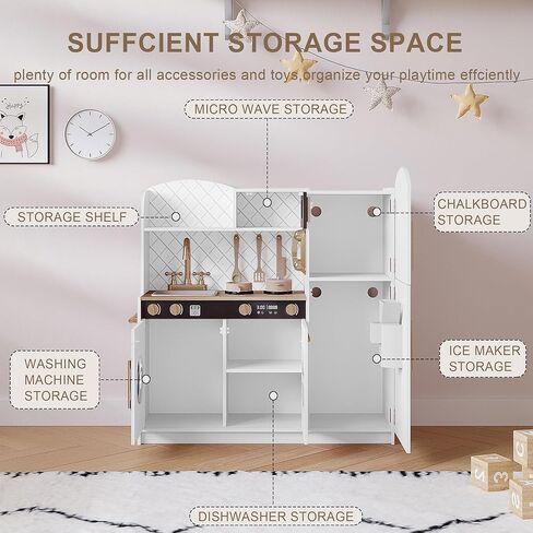 Treocho Play Kitchen for Kids, Wooden Toddler Kitchen Set with Storage, Modern Design Toy Kitchen with Faucet&Sink, Stove, Chalkboard, Icemaker and Various Accessories for Kids Ages 3+, Pink in Saudi Arabia