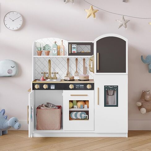 Treocho Play Kitchen for Kids, Wooden Toddler Kitchen Set with Storage, Modern Design Toy Kitchen with Faucet&Sink, Stove, Chalkboard, Icemaker and Various Accessories for Kids Ages 3+, Pink in Saudi Arabia
