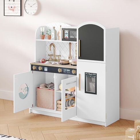 Treocho Play Kitchen for Kids, Wooden Toddler Kitchen Set with Storage, Modern Design Toy Kitchen with Faucet&Sink, Stove, Chalkboard, Icemaker and Various Accessories for Kids Ages 3+, Pink in Saudi Arabia