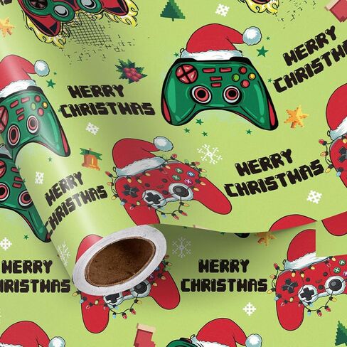 lezakaa gamer ورق تغليف عيد الميلاد للأطفال الصبي الرجال، قبعة سانتا للتحكم في ألعاب الفيديو، تصميم أخضر مبتكر، هدايا عيد الميلاد لحفلات عطلات الشتاء تفضل الأعمال اليدوية، لفة صغيرة 17 بوصة × 16.4 قدم in Kuwait