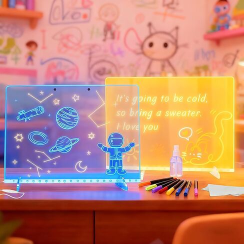LED Drawing Board for Kids Ages 6+, 2 Pack 13.7"x9.75" Plug-in Light Up Dry Erase Note Boards with Colors, 7 Color Modes Acrylic Glow Board with Stands, Markers, Spray Bottle, Hanging Chains in Saudi Arabia