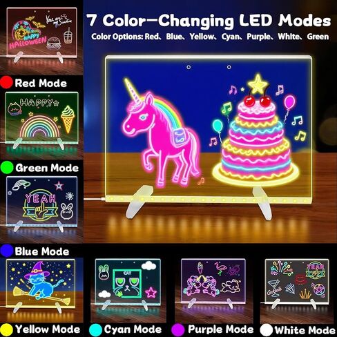 LED Drawing Board for Kids Ages 6+, 2 Pack 13.7"x9.75" Plug-in Light Up Dry Erase Note Boards with Colors, 7 Color Modes Acrylic Glow Board with Stands, Markers, Spray Bottle, Hanging Chains in Saudi Arabia