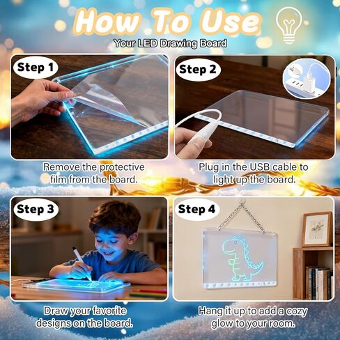 LED Drawing Board for Kids Ages 6+, 2 Pack 13.7"x9.75" Plug-in Light Up Dry Erase Note Boards with Colors, 7 Color Modes Acrylic Glow Board with Stands, Markers, Spray Bottle, Hanging Chains in Saudi Arabia