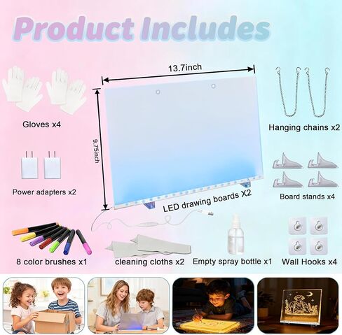LED Drawing Board for Kids Ages 6+, 2 Pack 13.7"x9.75" Plug-in Light Up Dry Erase Note Boards with Colors, 7 Color Modes Acrylic Glow Board with Stands, Markers, Spray Bottle, Hanging Chains in Saudi Arabia