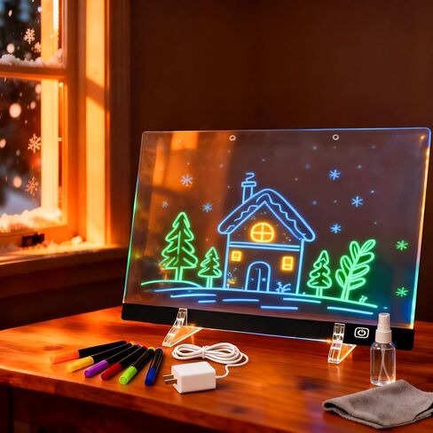 LED Drawing Board for Kids Ages 6+, 2 Pack 13.7"x9.75" Plug-in Light Up Dry Erase Note Boards with Colors, 7 Color Modes Acrylic Glow Board with Stands, Markers, Spray Bottle, Hanging Chains in Saudi Arabia