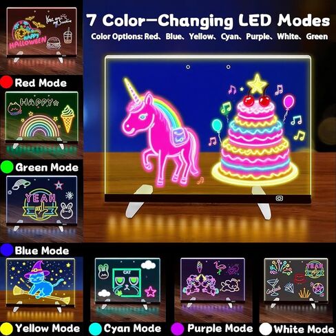 LED Drawing Board for Kids Ages 6+, 2 Pack 13.7"x9.75" Plug-in Light Up Dry Erase Note Boards with Colors, 7 Color Modes Acrylic Glow Board with Stands, Markers, Spray Bottle, Hanging Chains in Saudi Arabia