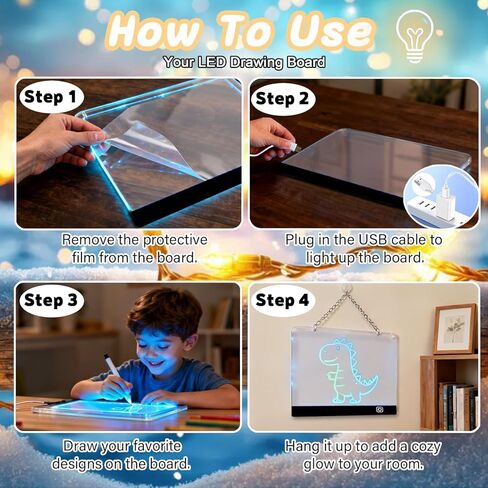 LED Drawing Board for Kids Ages 6+, 2 Pack 13.7"x9.75" Plug-in Light Up Dry Erase Note Boards with Colors, 7 Color Modes Acrylic Glow Board with Stands, Markers, Spray Bottle, Hanging Chains in Saudi Arabia