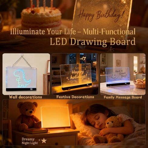LED Drawing Board for Kids Ages 6+, 2 Pack 13.7"x9.75" Plug-in Light Up Dry Erase Note Boards with Colors, 7 Color Modes Acrylic Glow Board with Stands, Markers, Spray Bottle, Hanging Chains in Saudi Arabia