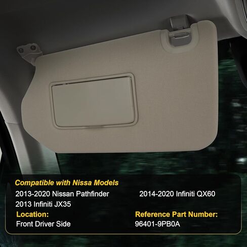 جانب سائق واقي الشمس لسيارة Nissan Pathfinder 2013-2018، 2014-2017 Infiniti QX60، 2013 Infiniti JX35، بيج، واقي من الجانب الأيسر مع مرآة خفيفة، استبدال #96401-9PB0A in Kuwait