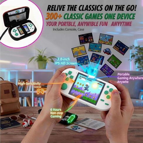 16-Bit Handheld Game Console - 3 Inch HD Screen 300-in-1 Retro Games - Portable Classic Video Game Player for Kids & Adults, Include Protective Carrying Case (Blue) in Saudi Arabia