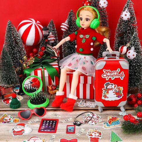 64 قطعة من إكسسوارات قزم الكريسماس مجموعة إكسسوارات السفر تتضمن الأمتعة وملابس عيد الميلاد قزم دعائم السفر لهدية مغامرات بيت الدمى in Kuwait