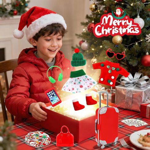 64 قطعة من إكسسوارات قزم الكريسماس مجموعة إكسسوارات السفر تتضمن الأمتعة وملابس عيد الميلاد قزم دعائم السفر لهدية مغامرات بيت الدمى in Kuwait