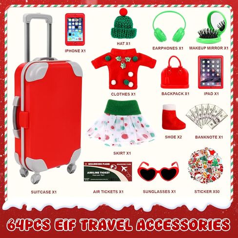 64 قطعة من إكسسوارات قزم الكريسماس مجموعة إكسسوارات السفر تتضمن الأمتعة وملابس عيد الميلاد قزم دعائم السفر لهدية مغامرات بيت الدمى in Kuwait