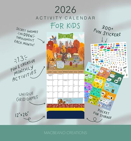2026 12x12 Wall Calendar The Fantastic, Amazing, Marvelous Activity Calendar for Kids- Includes 300 Fun Stickers and Storage Pocket in Saudi Arabia