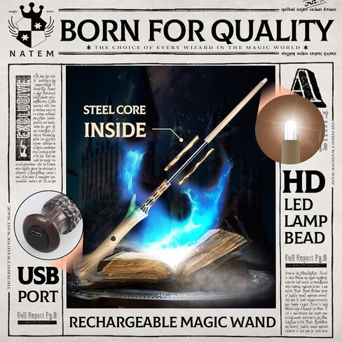 Light Up Wizard Wand, Rechargeable Lighting Witch Wands, Illuminating Magic Witches Staff Wand for Cosplay Accessories with Necklace for Halloween Birthday Party Gift（Smartness） in Kuwait
