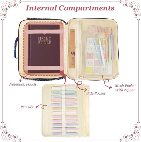 Premium Bible Cover Case for Women All-in One Bible Bag Organizer with Handle&Zippered Pocket Bible Study Supplies for Women (Beige flowers in Saudi Arabia