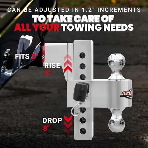 Aluma-Tow UT623911 وصلة ربط مقطورة قابلة للتعديل لجهاز استقبال 2-1/2 بوصة، قطرة 8 بوصة، 12000 رطل GTW، شديدة التحمل 1-7/8 بوصة، 2 بوصة و2-5/16 بوصة، 2 دبابيس قفل 4 مفاتيح، مواصفات القطر J684، براءة اختراع أمريكية رقم 10,857,846 in Kuwait