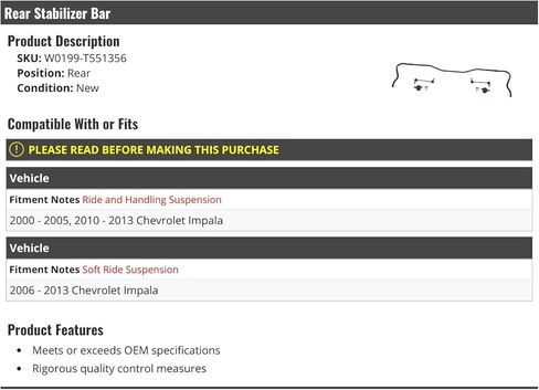 Rear Stabilizer Bar - Compatible with 2000-2013 Chevy Impala in Saudi Arabia