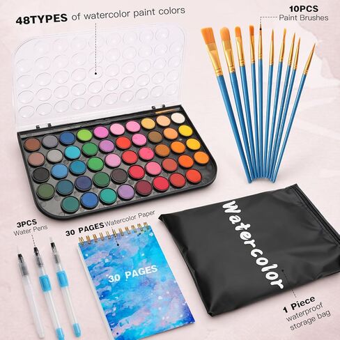 مجموعة ألوان مائية، 48 لونًا علبة هدايا طلاء ألوان مائية 30 صفحة للفنان ورقة - 10 فرش - لوحة تخزين بتصميم السفر، لصنع بطاقات هدايا عيد الميلاد، الفنانين المبتدئين، مجموعة ألوان مائية للأطفال للبالغين. in Kuwait