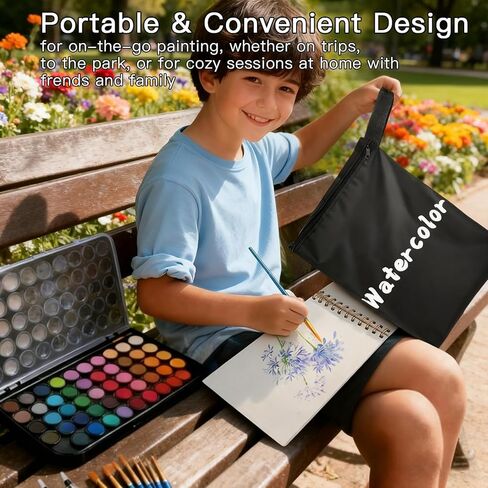 مجموعة ألوان مائية، 48 لونًا علبة هدايا طلاء ألوان مائية 30 صفحة للفنان ورقة - 10 فرش - لوحة تخزين بتصميم السفر، لصنع بطاقات هدايا عيد الميلاد، الفنانين المبتدئين، مجموعة ألوان مائية للأطفال للبالغين. in Kuwait