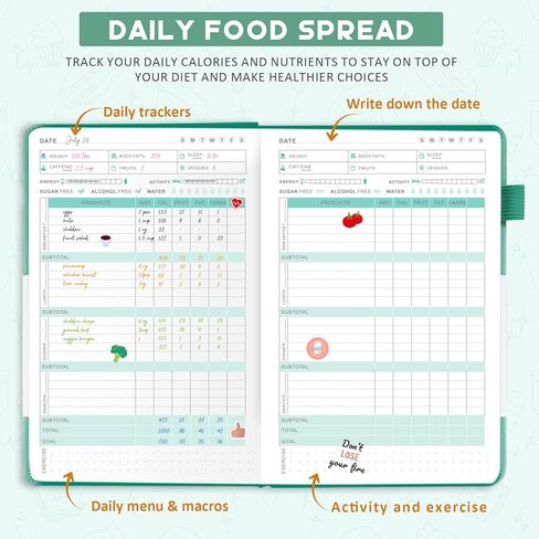 Food Journal for Women Weight Loss & Fitness - Meal Planner & Calorie Counter Book | A5 Food Diary for Gym, Yoga & Healthy Eating | Undated Wellness Nutrition Journal for Women & Men Workout, Green in Saudi Arabia