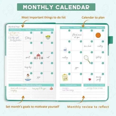 Food Journal for Women Weight Loss & Fitness - Meal Planner & Calorie Counter Book | A5 Food Diary for Gym, Yoga & Healthy Eating | Undated Wellness Nutrition Journal for Women & Men Workout, Green in Saudi Arabia
