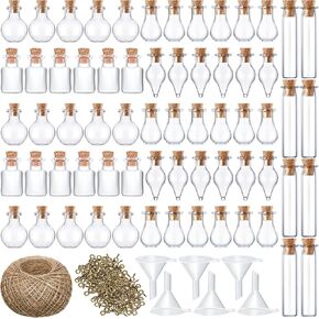 100 Pieces Small Mini Glass Bottles Jars with Cork Stopper Set Tiny Empty Refillable Wishing Bottles Drifting Bottles with Eye Screws Funnels and Rope for DIY Crafts Bead Containers, 10 Shapes in Kuwait