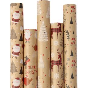 qukou 5 لفات ورق تغليف عيد الميلاد مع خطوط مقطوعة على الجانب الخلفي، لفة ورق تغليف هدايا ملونة مطلية بالذهب الأسود والفضة مع الرنة والغابات وندفة الثلج 17 بوصة × 3 متر in Kuwait