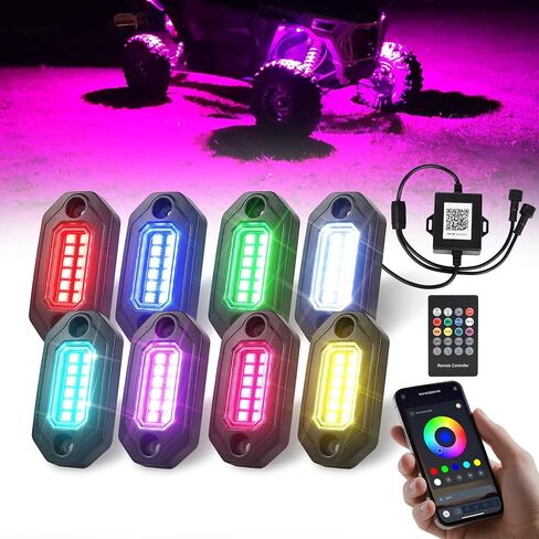 RGB Rock Lights for Trucks Jeep UTV ATV SUV, 8pcs Multi Color Bluetooth APP/Remote Control Underglow Neon Lights with Music Mode, Aluminum Housing, IP68 Waterproof in Kuwait