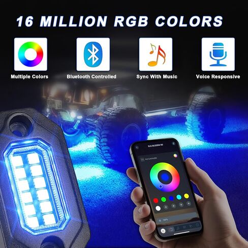 RGB Rock Lights for Trucks Jeep UTV ATV SUV, 8pcs Multi Color Bluetooth APP/Remote Control Underglow Neon Lights with Music Mode, Aluminum Housing, IP68 Waterproof in Kuwait