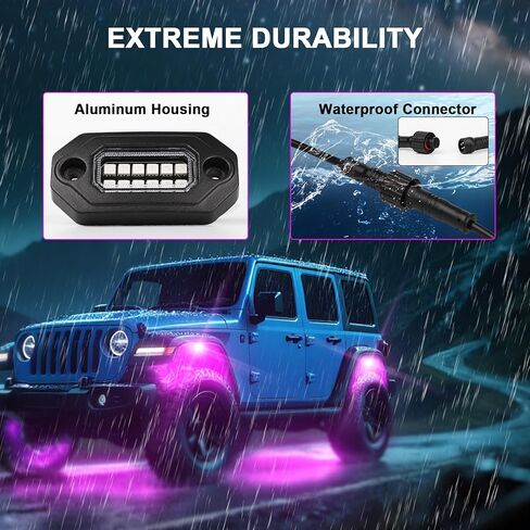 RGB Rock Lights for Trucks Jeep UTV ATV SUV, 8pcs Multi Color Bluetooth APP/Remote Control Underglow Neon Lights with Music Mode, Aluminum Housing, IP68 Waterproof in Kuwait