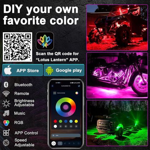 RGB Rock Lights for Trucks Jeep UTV ATV SUV, 8pcs Multi Color Bluetooth APP/Remote Control Underglow Neon Lights with Music Mode, Aluminum Housing, IP68 Waterproof in Kuwait