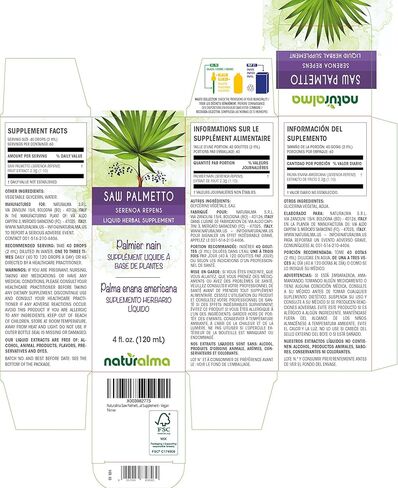 Naturalma Saw Palmetto (Serenoa repens or Sabal serrulata) Fruit Alcohol-Free Tincture 4 fl oz Liquid Extract in Drops | Herbal Supplement | Vegan | Product of Italy in Saudi Arabia
