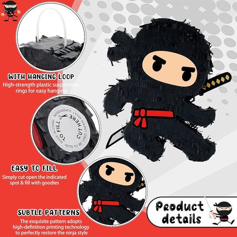 Karate Ninja Piñata Ninja Birthday Party Supplies with Piñata Stick Confetti and Blindfold, Warrior Birthday Party Decor for Adults Game Black(17 x 11.6 x 3 Inch,Trendy Style) in Saudi Arabia