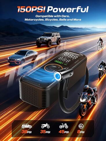 Tire Inflator Portable Air Compressor, 150PSI Electric Air Pump with Digital Pressure Gauge, Fast Inflation, Auto Shut-Off, 12V LED Light, Compact&Cordless Quick Inflation for Car, Motor, Bikes, Balls in Saudi Arabia