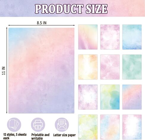 Watercolor Stationery Paper, Double-Sided, 12 Designs Colored Printer Paper for Business or Personal Use, Decorative Scrapbook, Writing Letters and Invitations, 8.5 x 11 In, 100 gsm (60) in Saudi Arabia