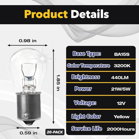 20-Pack 1156 Bulbs P21W S25, Compatible with 7506 1141 1156LL 1141LL 1295, 12V BA15S Single Contact. High Brightness Waterproof Halogen Bulbs for Car Brake/Turn Signal, Fit Cars, RVs, Trucks, SUVs in Kuwait