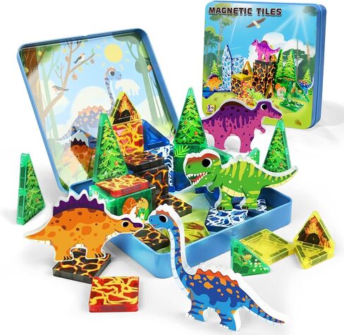 Mini Magnetic Tiles Dinosaur Travel Set, Stocking Stuffers for Kids, Creative Travel Toys Dinosaur Magnetic Tiles for Toddlers 1-3 Boys Girls, Magnet Building Travel Blocks for Kids in Saudi Arabia