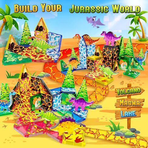 Mini Magnetic Tiles Dinosaur Travel Set, Stocking Stuffers for Kids, Creative Travel Toys Dinosaur Magnetic Tiles for Toddlers 1-3 Boys Girls, Magnet Building Travel Blocks for Kids in Saudi Arabia