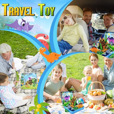 Mini Magnetic Tiles Dinosaur Travel Set, Stocking Stuffers for Kids, Creative Travel Toys Dinosaur Magnetic Tiles for Toddlers 1-3 Boys Girls, Magnet Building Travel Blocks for Kids in Saudi Arabia