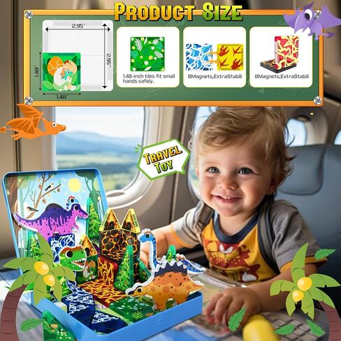 Mini Magnetic Tiles Dinosaur Travel Set, Stocking Stuffers for Kids, Creative Travel Toys Dinosaur Magnetic Tiles for Toddlers 1-3 Boys Girls, Magnet Building Travel Blocks for Kids in Saudi Arabia