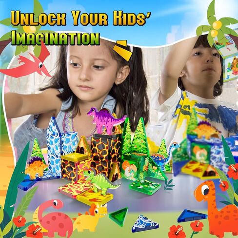Mini Magnetic Tiles Dinosaur Travel Set, Stocking Stuffers for Kids, Creative Travel Toys Dinosaur Magnetic Tiles for Toddlers 1-3 Boys Girls, Magnet Building Travel Blocks for Kids in Saudi Arabia
