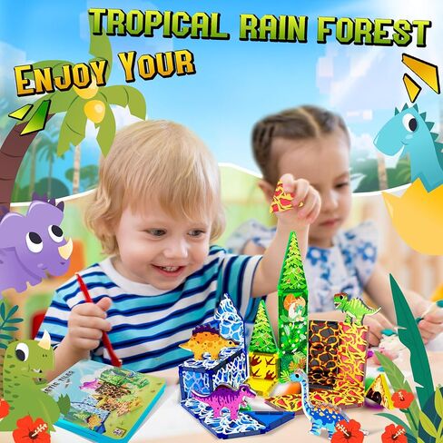 Mini Magnetic Tiles Dinosaur Travel Set, Stocking Stuffers for Kids, Creative Travel Toys Dinosaur Magnetic Tiles for Toddlers 1-3 Boys Girls, Magnet Building Travel Blocks for Kids in Saudi Arabia