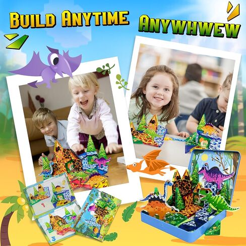 Mini Magnetic Tiles Dinosaur Travel Set, Stocking Stuffers for Kids, Creative Travel Toys Dinosaur Magnetic Tiles for Toddlers 1-3 Boys Girls, Magnet Building Travel Blocks for Kids in Saudi Arabia