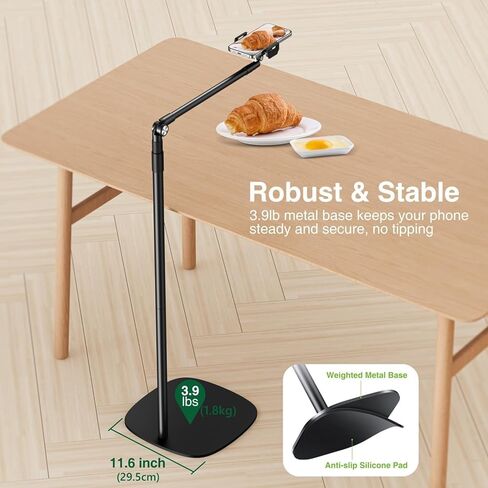 elitehood Heavy Duty Aluminum Overhead Phone Stand, 15 in Long Arm iPhone Holder for Video Recording, 360 Degrees Swivel Tilt Overhead Phone Mount for Filming, Meeting, Cooking, Painting and Crafting in Kuwait