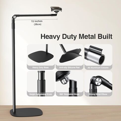 elitehood Heavy Duty Aluminum Overhead Phone Stand, 15 in Long Arm iPhone Holder for Video Recording, 360 Degrees Swivel Tilt Overhead Phone Mount for Filming, Meeting, Cooking, Painting and Crafting in Kuwait