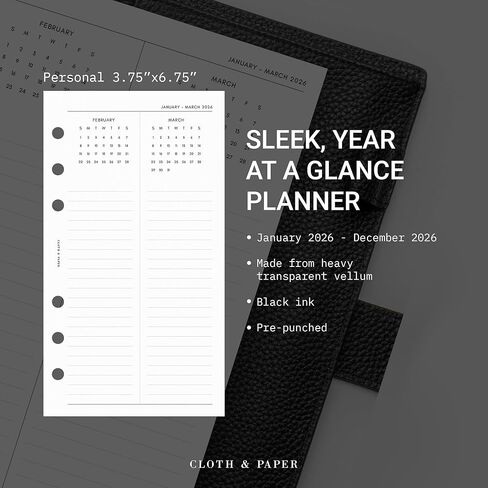 Cloth & Paper 2026 Year Overview Planner Inserts | Personal Size 3.75 x 6.75 Inches | 6 Ring Punched Refills | Monthly + Quarterly Planning | Goals, Notes, Mini Calendars | Thick Heavyweight Paper in Kuwait