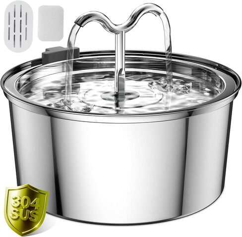 DOOOB Cat Water Fountain,3.2L/108OZ Square Stainless Steel Pet Water Dispenser Metal Dog Drinking Fountains Water Bowl with 3 Replacement Filters Ultra-Quiet Pump and Waterproof Food Mats in Kuwait